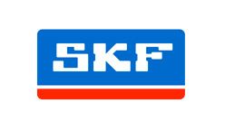 El logotipo de skf es azul, blanco y rojo sobre un fondo blanco.