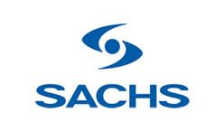 Un logotipo azul y blanco para Sachs con un ojo azul sobre un fondo blanco.