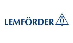 Un logotipo azul y blanco para lemförder sobre un fondo blanco.