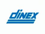 El logotipo de Dinex es azul y blanco sobre un fondo blanco.