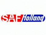 Un logotipo rojo, blanco y azul de Saf Holland sobre un fondo blanco.