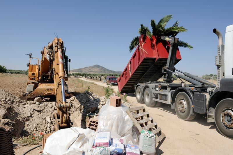 Una excavadora carga un contenedor rojo en un camión, junto a una obra. Día despejado y soleado.