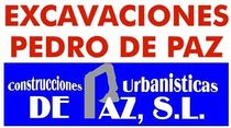 Logotipo de Excavaciones Pedro de Paz. Texto rojo sobre fondo blanco y azul. Incluye el gráfico de una excavadora.