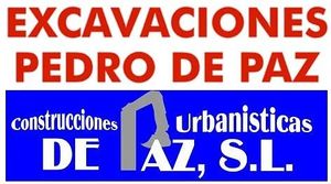 Logotipo de Excavaciones Pedro de Paz. Texto rojo sobre fondo blanco y azul. Incluye el gráfico de una excavadora.