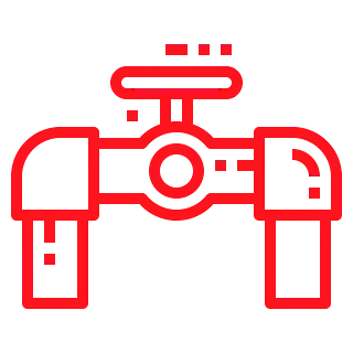 Válvula de plomería roja, abierta, con tuberías.