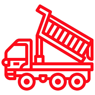 Camión volquete rojo con caja elevada.