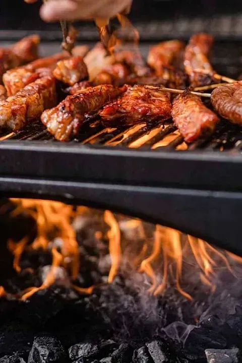 Una persona está cocinando carne en una parrilla sobre un fuego.