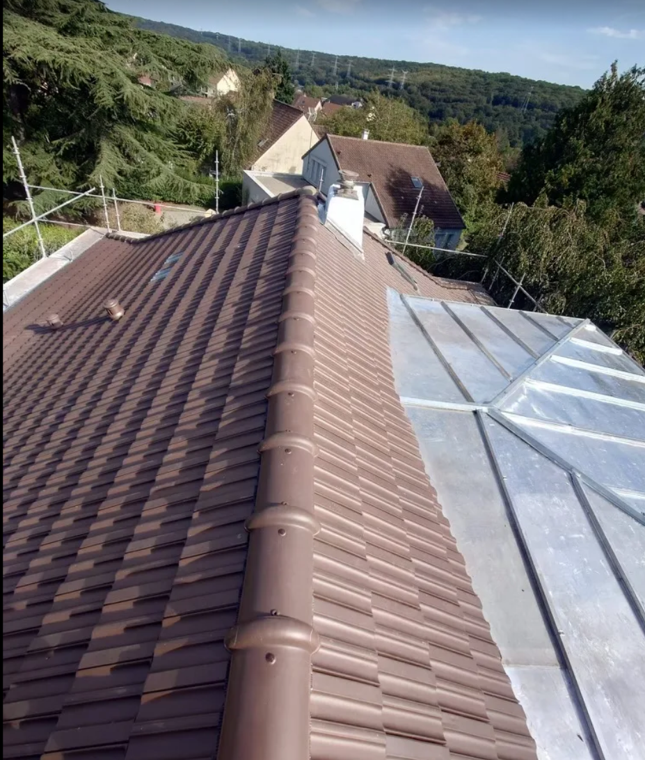 Toit en tuiles brunes avec faîtage métallique, jouxtant un toit métallique, avec des arbres et des maisons en arrière-plan.
