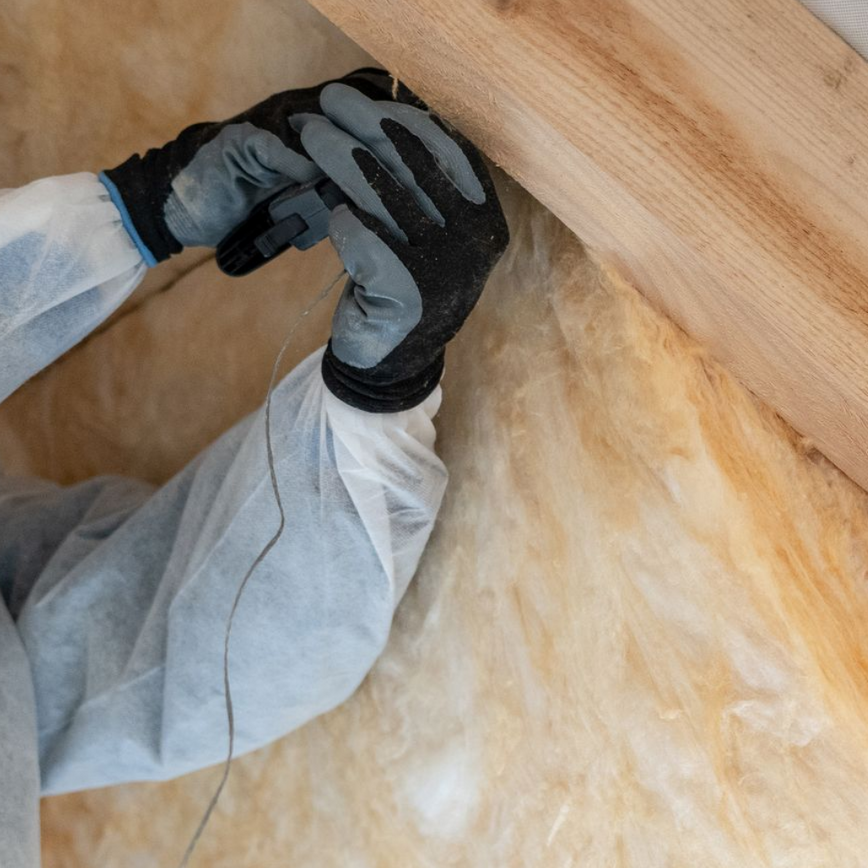 Mains gantées, installant l'isolant entre les poutres en bois.