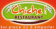 Logo du restaurant Chiche! en texte orange sur un ovale vert orné de deux chérubins. Inclut RESTAURANT et une mention concernant les plats à emporter.
