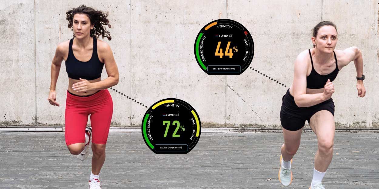 Dos personas corriendo. Una lleva pantalones cortos rojos y una camiseta negra. La otra lleva pantalones cortos negros y una camiseta negra. Se muestran los datos del reloj deportivo.