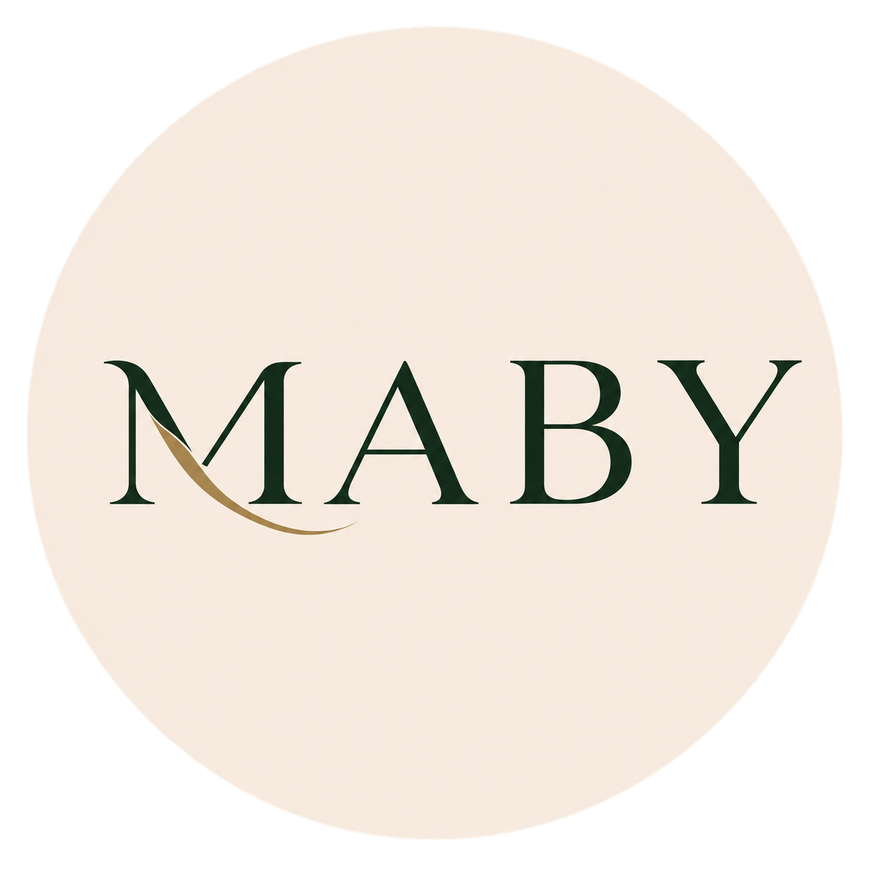 Logotipo de MABY en texto serif de color verde oscuro sobre un fondo circular beige claro