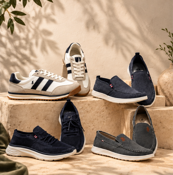 Zapatos de vestir de cuero marrón sobre un suelo de madera, vistos desde arriba.