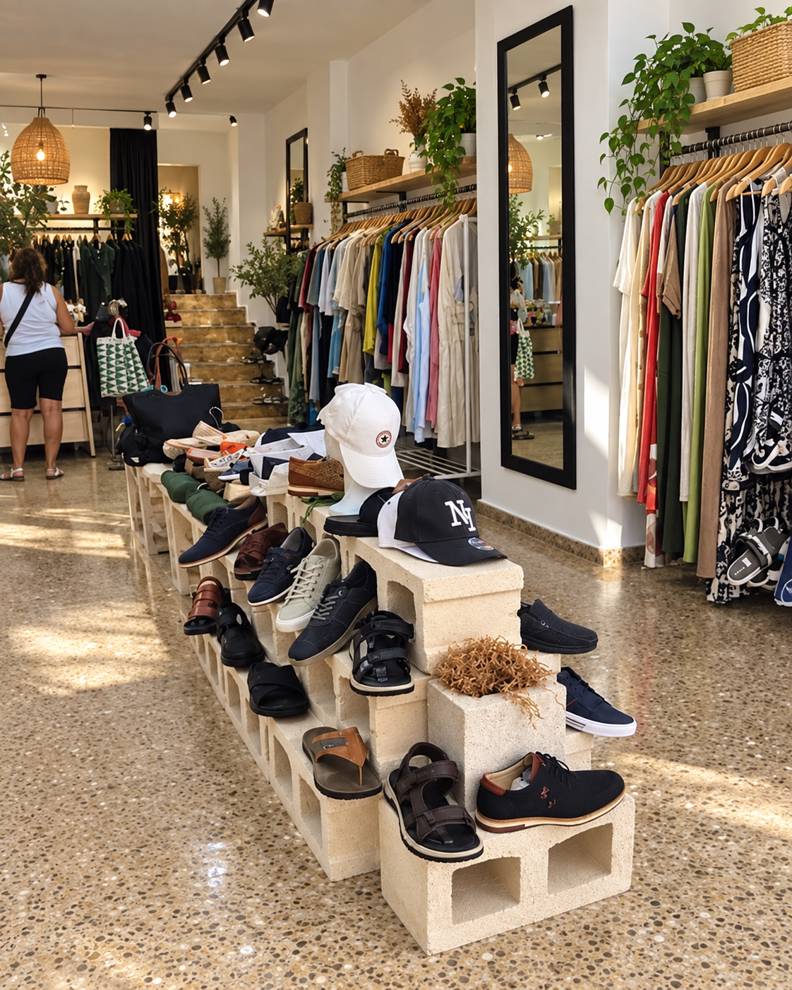 Interior de una boutique de ropa, con una exposición de zapatos, percheros con prendas, plantas y clientes al fondo