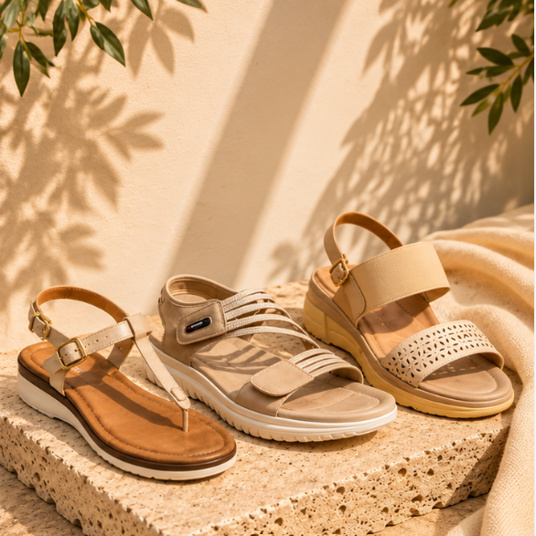 Par de zapatos de salón de tacón bajo de color beige sobre un fondo liso