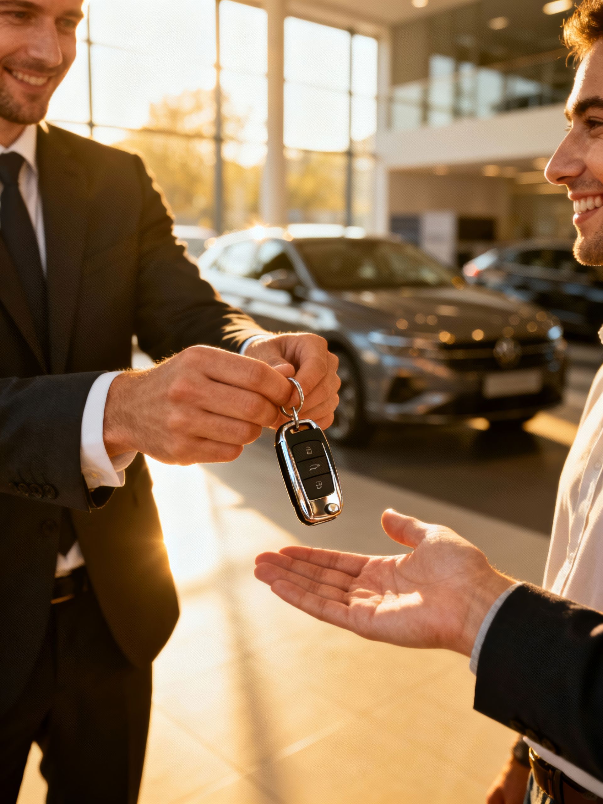 Un homme en costume remet des clés de voiture à un autre homme dans une concession automobile ; la voiture est visible en arrière-plan.