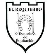 Black-and-white logo of El Requiebro Escuela de Equitación with a horseshoe and saddle