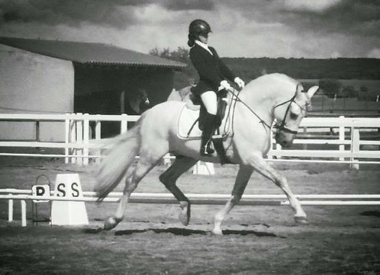 Fotografía en blanco y negro de un jinete sobre un caballo blanco trotando en una pista.