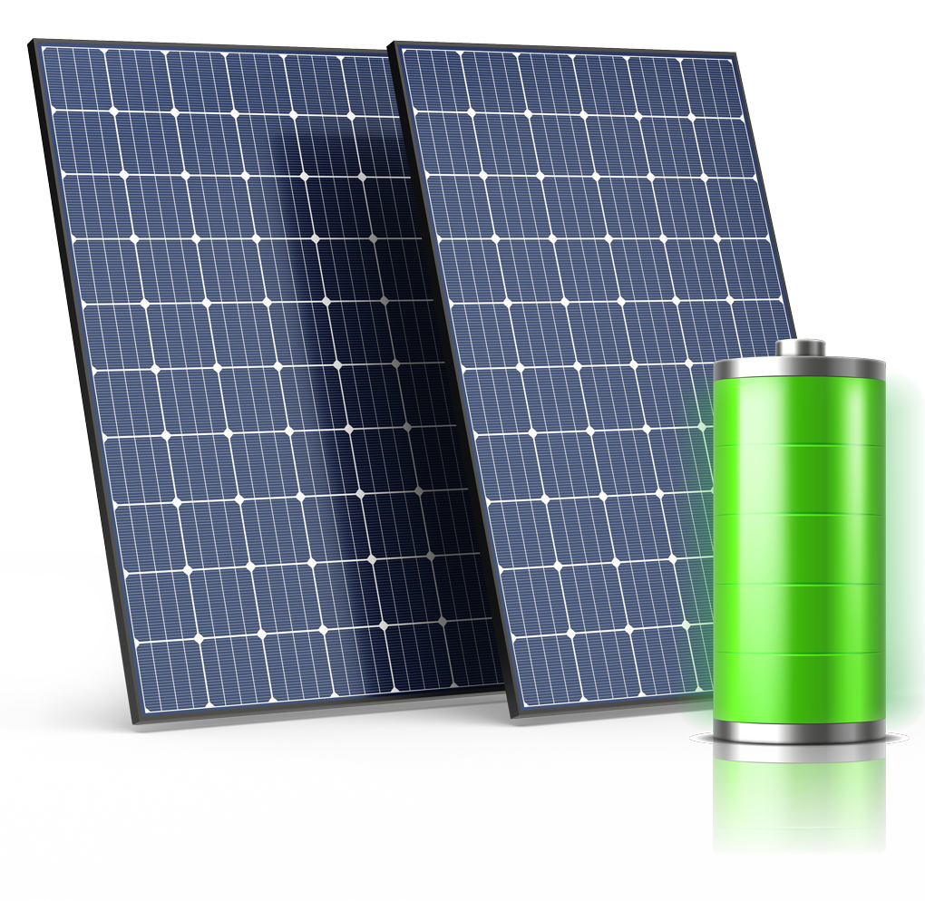 Illustration 3D de deux panneaux solaires et une batterie
