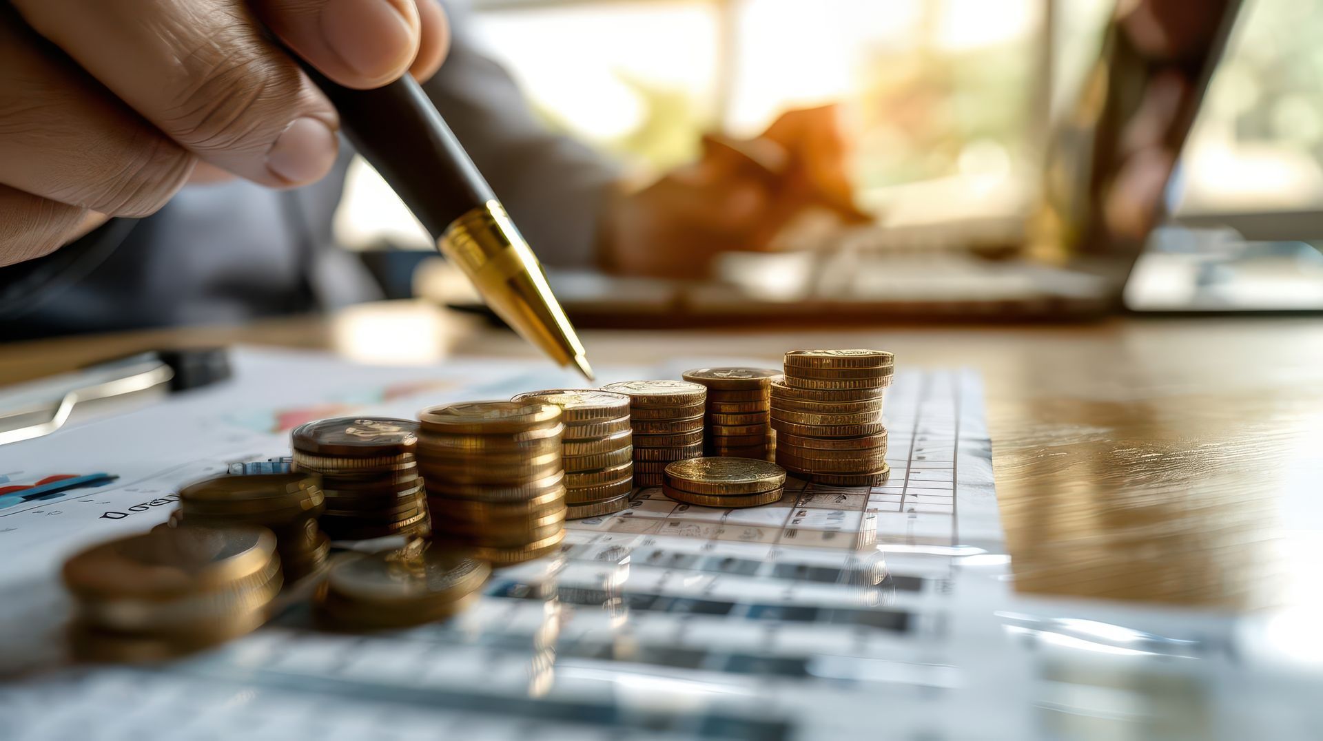 Piles de pièces de mommanie sur un bureau