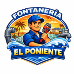 Logotipo de "Fontaner&iacute;a El Poniente" que muestra a un fontanero con una llave inglesa sobre un fondo de puesta de sol