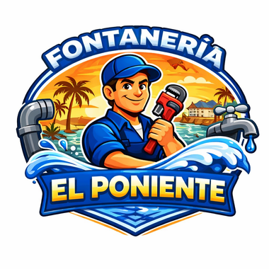 Logotipo de "Fontaner&iacute;a El Poniente" que muestra a un fontanero con una llave inglesa sobre un fondo de puesta de sol