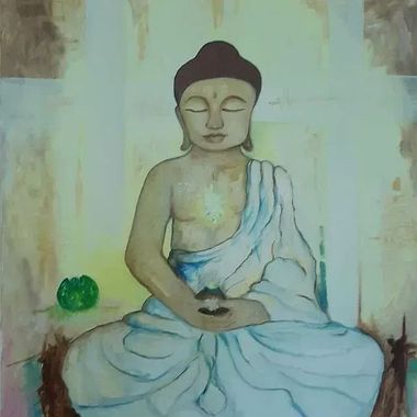 Una pintura de una mano de hamsa con un símbolo om en ella.