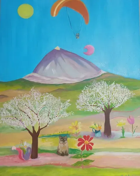 Una pintura de un parapente volando sobre árboles y flores.