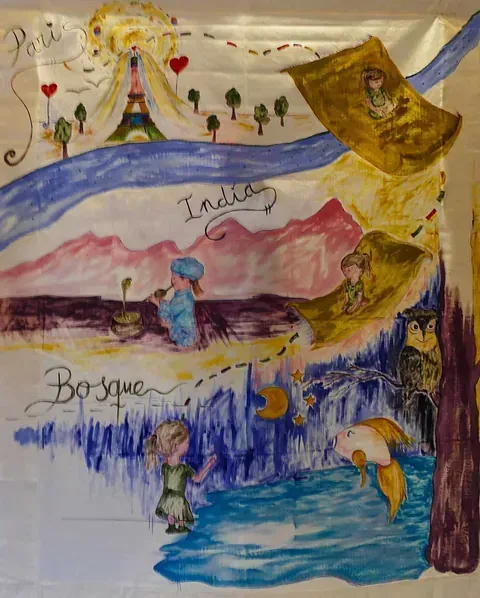 Una pintura de un mapa de la India y Perú.