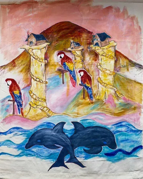 Una pintura de delfines y loros en una playa.