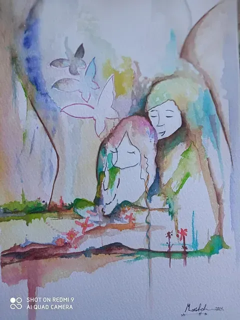 Una pintura de acuarela de una mujer sosteniendo a un niño.