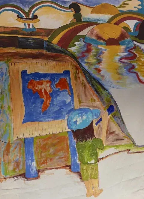 Una pintura de una persona mirando un mapa del mundo.