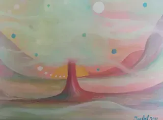 Una pintura colorida de un árbol en medio de un campo.