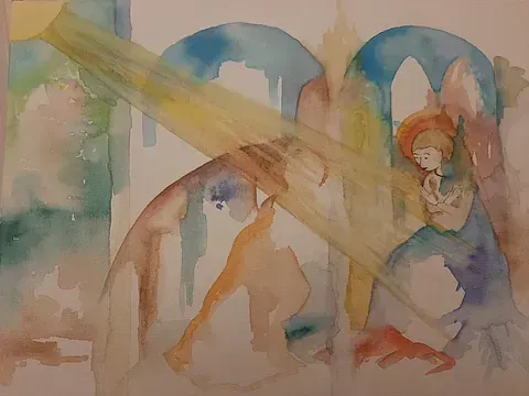 Una pintura de acuarela de una mujer sosteniendo un bebé y una trompeta.