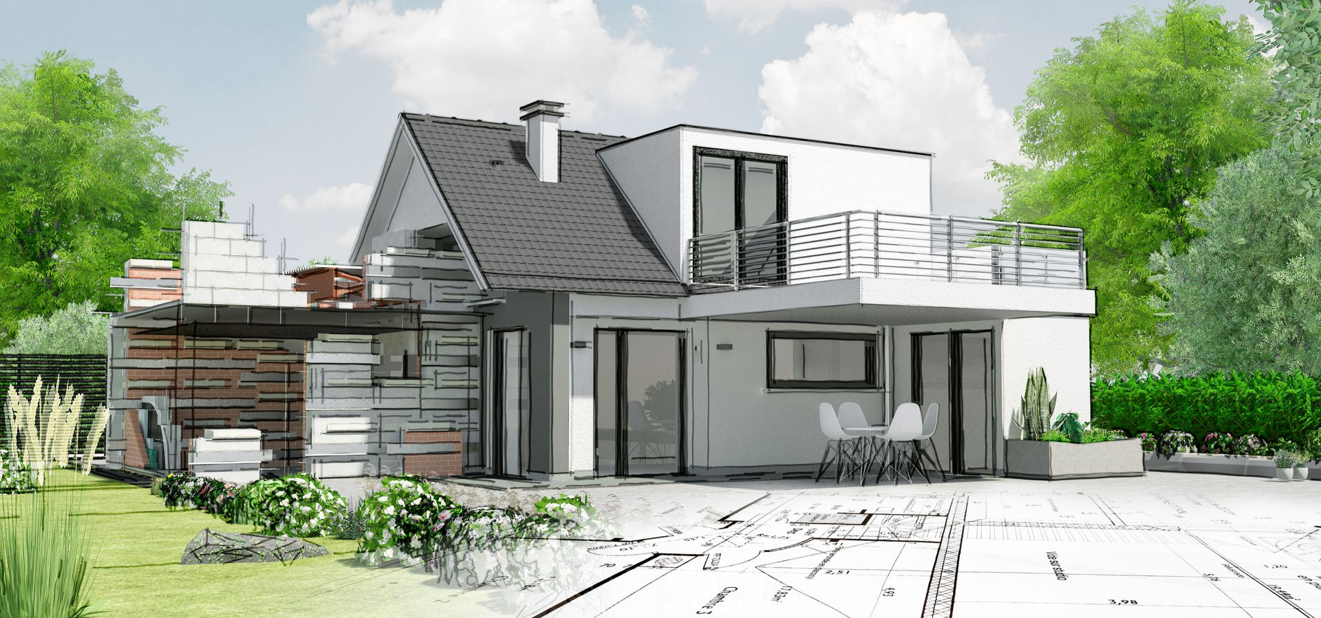 Une maison moderne dont le contour est partiellement dessiné, révélant le processus architectural.