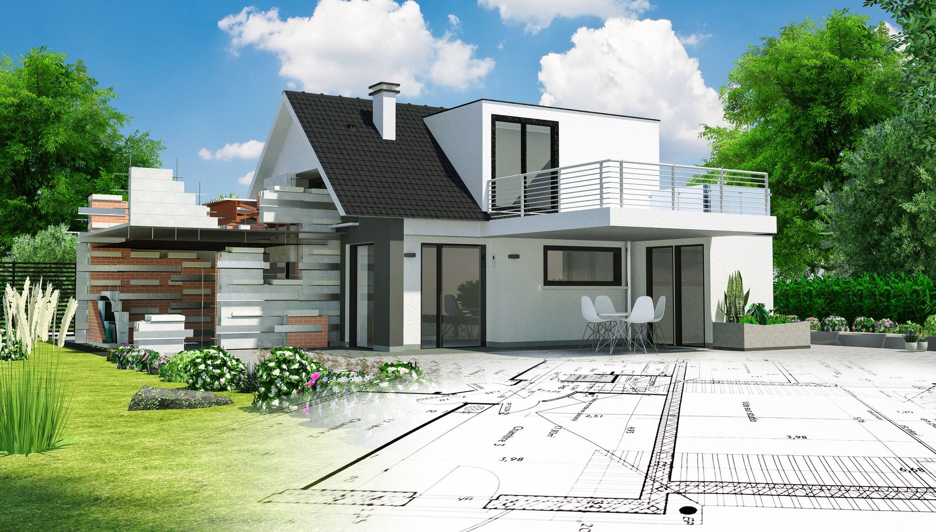 Conception d'une maison moderne : rendu 3D et plan par une journée ensoleillée.