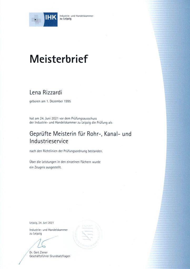 Meisterbrief von Lena Rizzardi – Geprüfte Meisterin für Rohr-, Kanal- und Industrieservice
