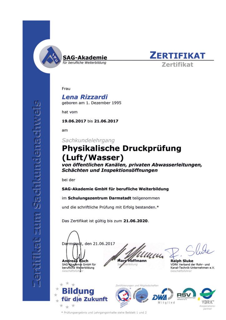 Zertifikat zur physikalischen Druckprüfung (Luft/Wasser) von öffentlichen Kanälen, privaten Abwasserleitungen, Schächten & Inspektionsöffnungen