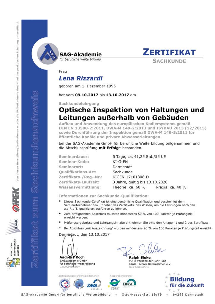 Zertifikat zur optischen Inspektion von Haltungen und Leitungen außerhalb von Gebäuden