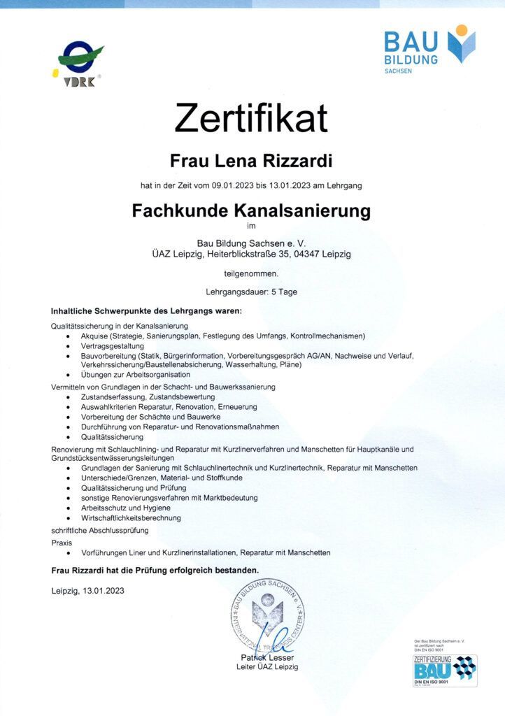Zertifikat zur Fachkunde in der Kanalsanierung