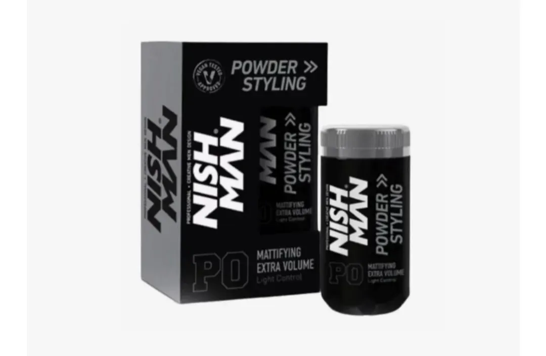 Caja y tarro de producto para peinar el cabello de color negro con texto blanco en negrita sobre fondo claro.