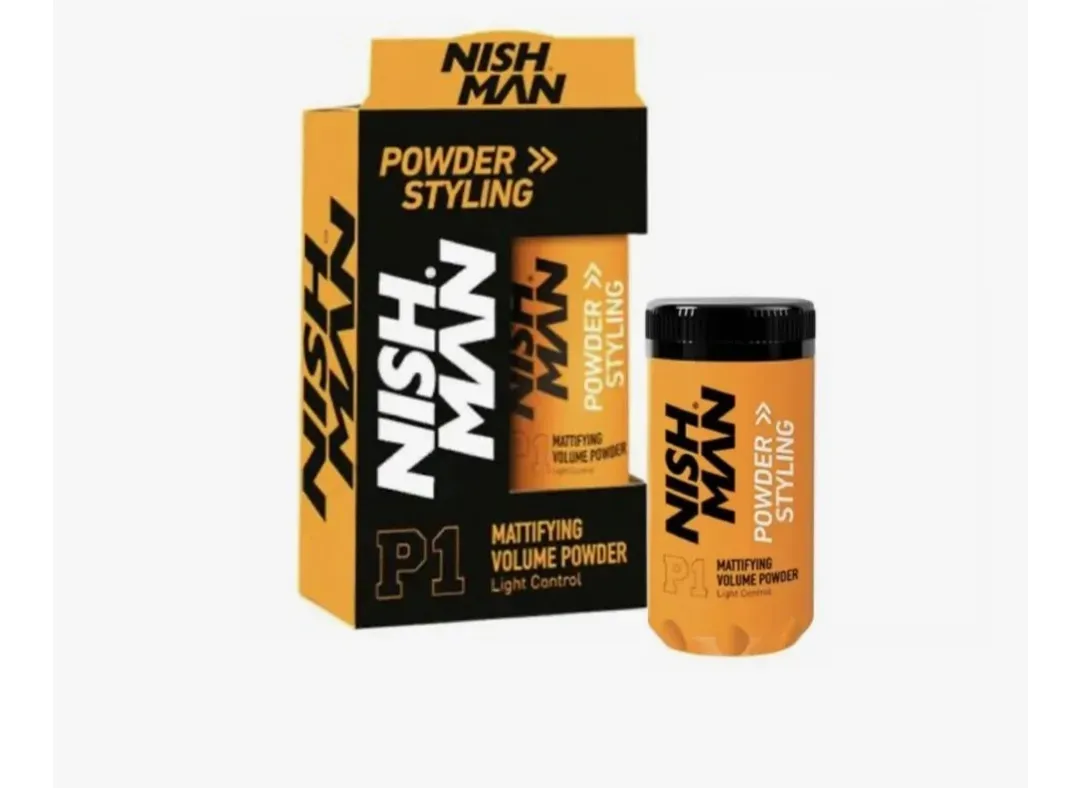 Caja y tarro del producto para peinar el cabello en polvo Nish Man en envase amarillo y negro.