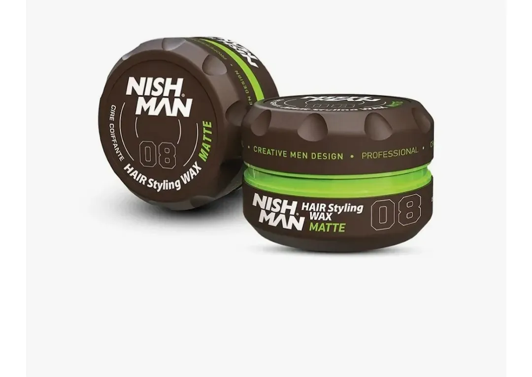 Dos envases marrones de productos para el peinado de la marca NISHMAN con detalles verdes sobre un fondo blanco.