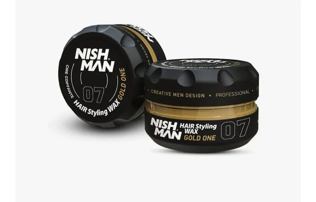 Frascos de cera para peinar el cabello Black Nishman, uno en posición vertical y otro tumbado, sobre un fondo blanco.