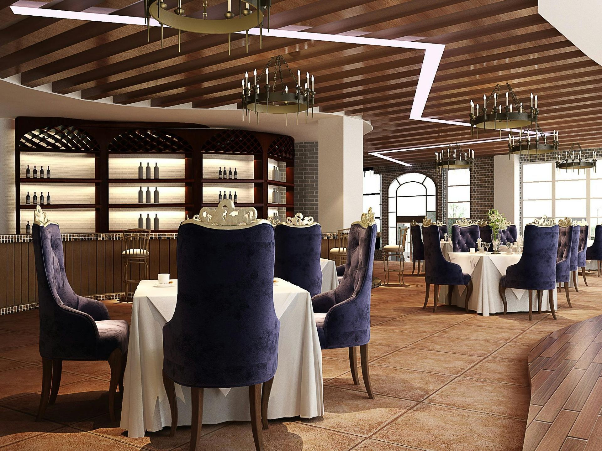 Interior de restaurante con mesas preparadas para cenar, sillas de terciopelo azul oscuro