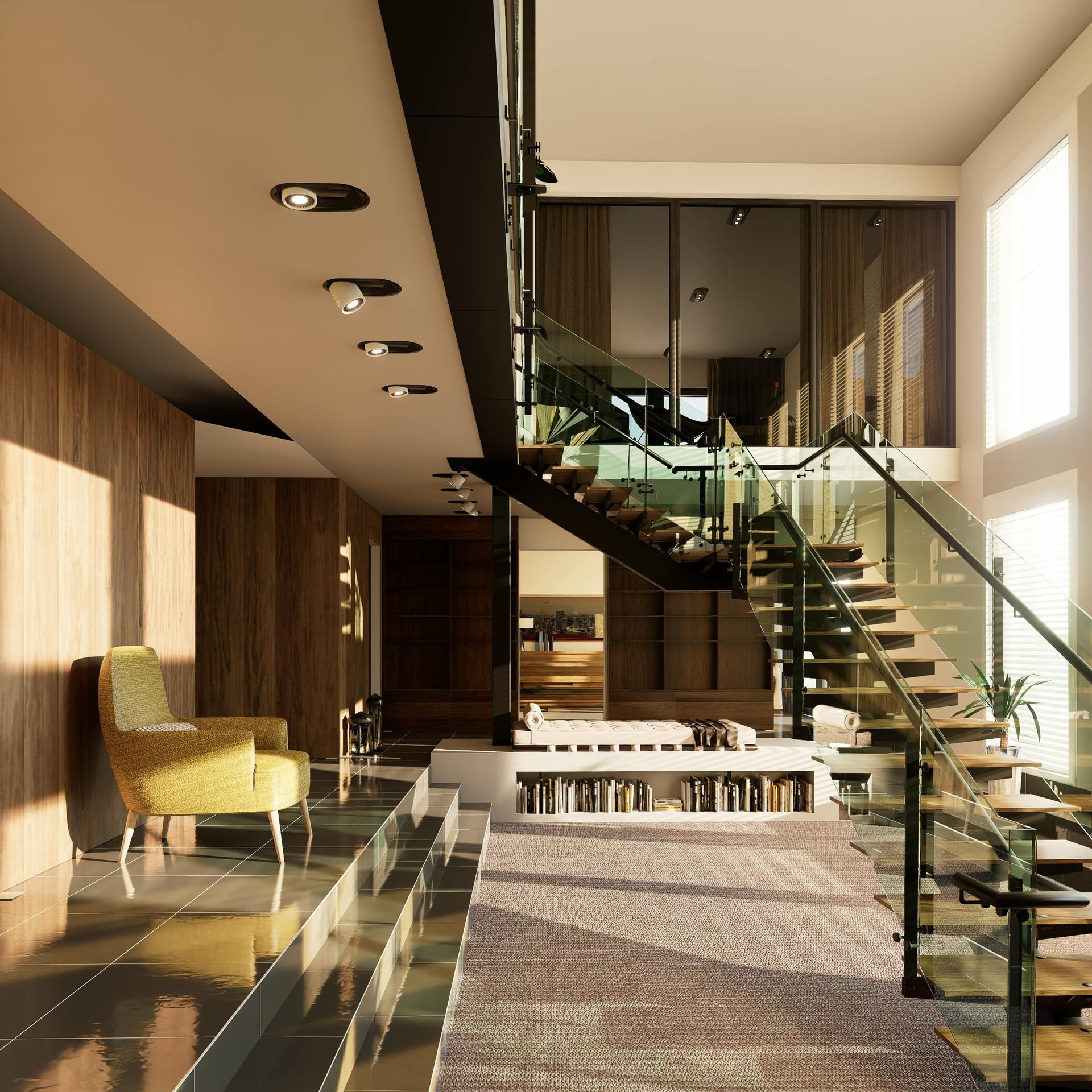 Interior moderno con escalera, barandillas de cristal y detalles en madera.