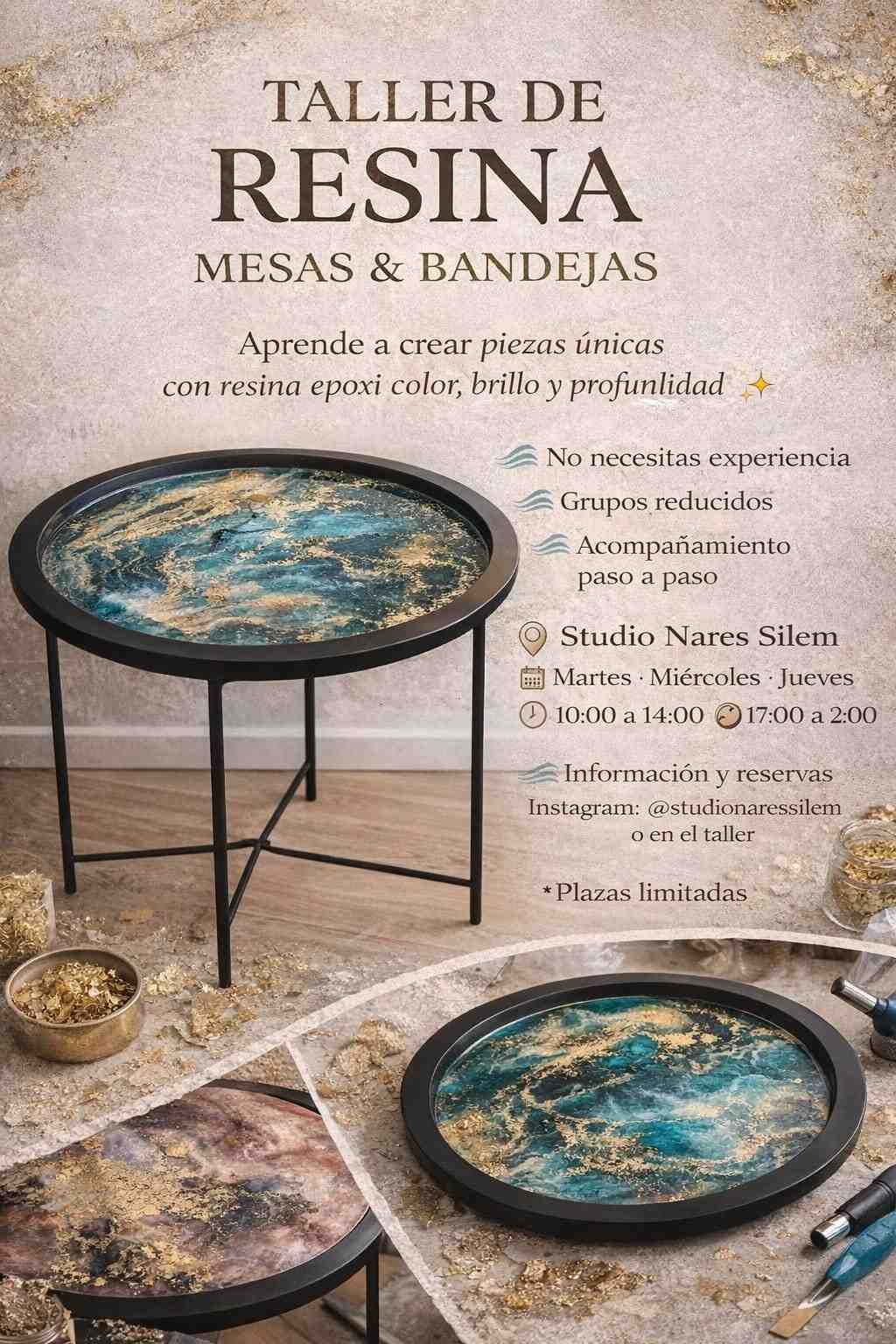 Folleto promocional de un taller de resina que incluye mesas redondas y bandejas con diseños jaspeados