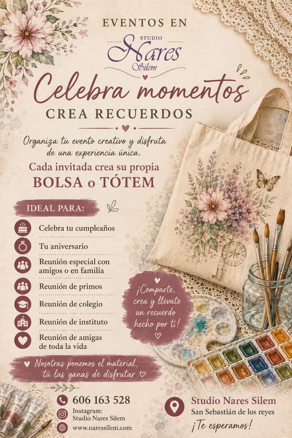 Póster floral en tonos pastel con una bolsa de tela personalizada y el texto