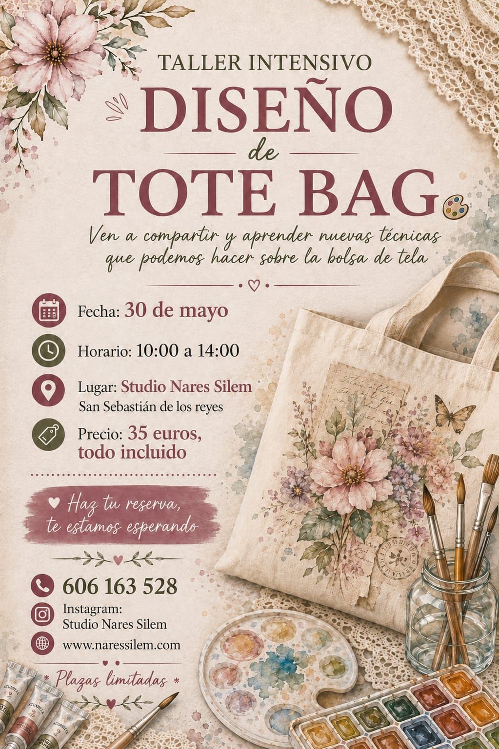 Cartel para el taller “Diseño de Tote Bag” con bolso de tela floral, pinturas y diseño botánico en tonos pastel.