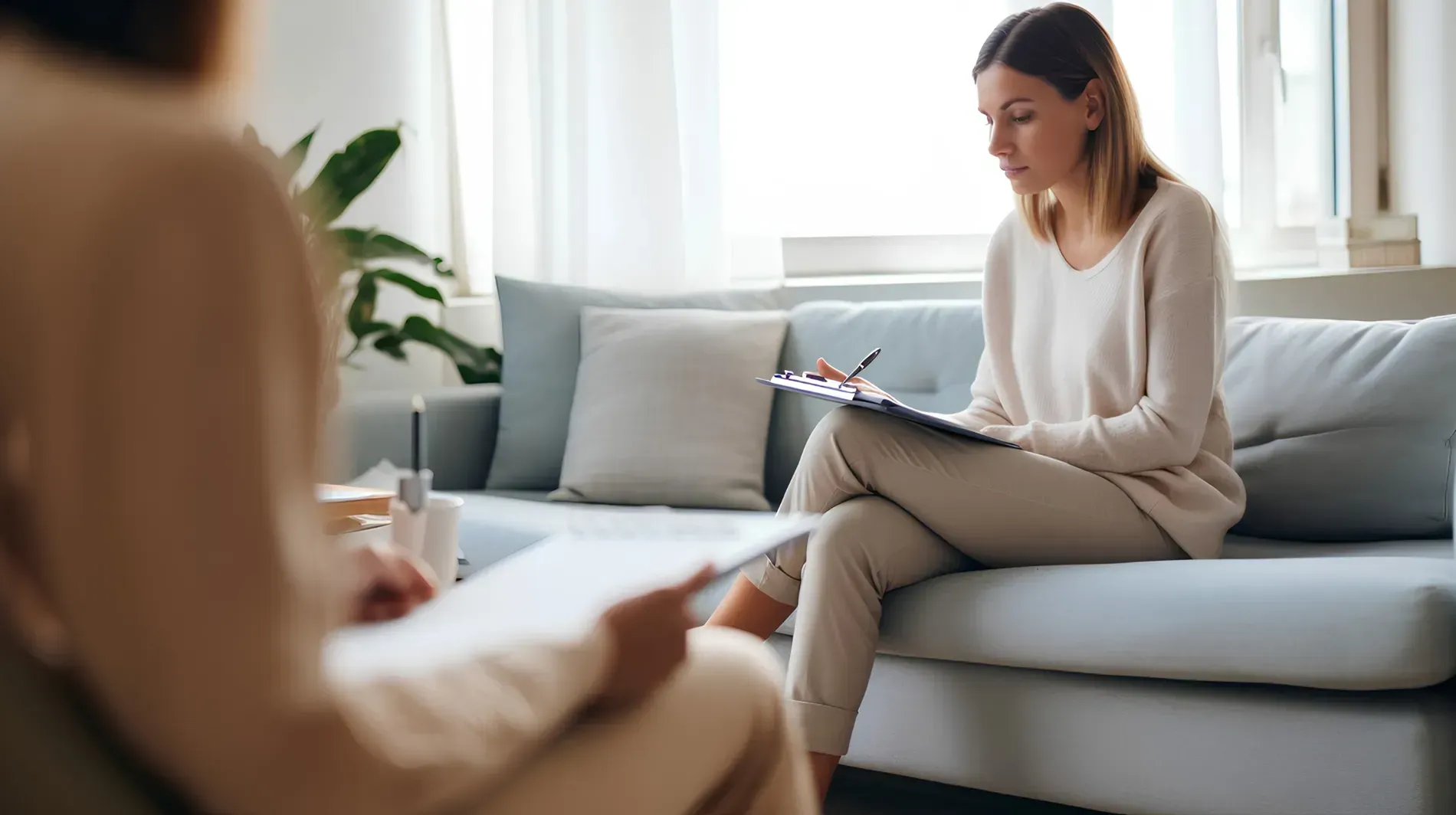 Mujer escribiendo en un portapapeles, sentada en un sofá frente a una persona con un papel. Interior de color neutro.